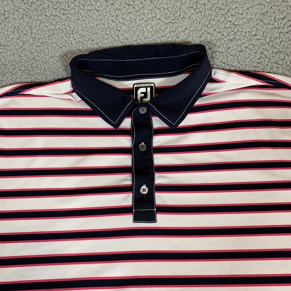 FootJoy Mens Polo Golf Shirt Sz XXL Athletic Fit White Navy Pink Striped - Picture 2 of 7